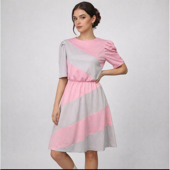 Susan V. Leonard Inc. Dresses & Skirts - Vintage Susan Leonard 80s Midi Dress Diagonal Colorblock Puff Sleeve 9 (L) USA